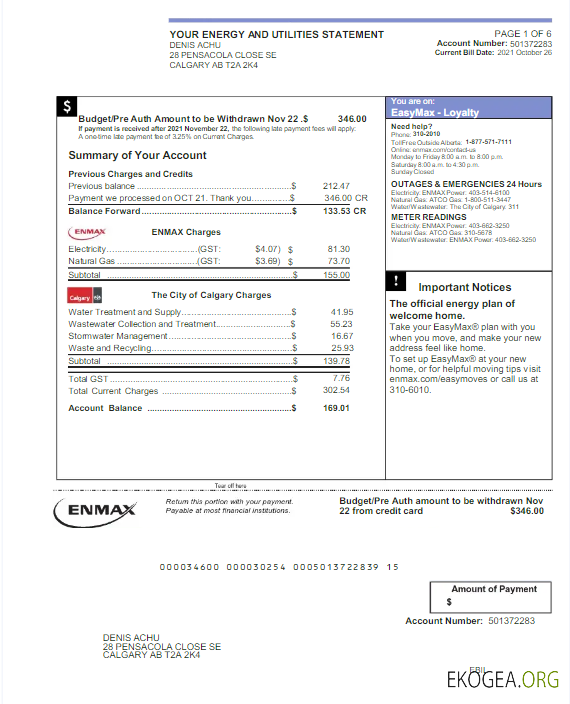 CANADA ENMAX utility bill Word and PDF template